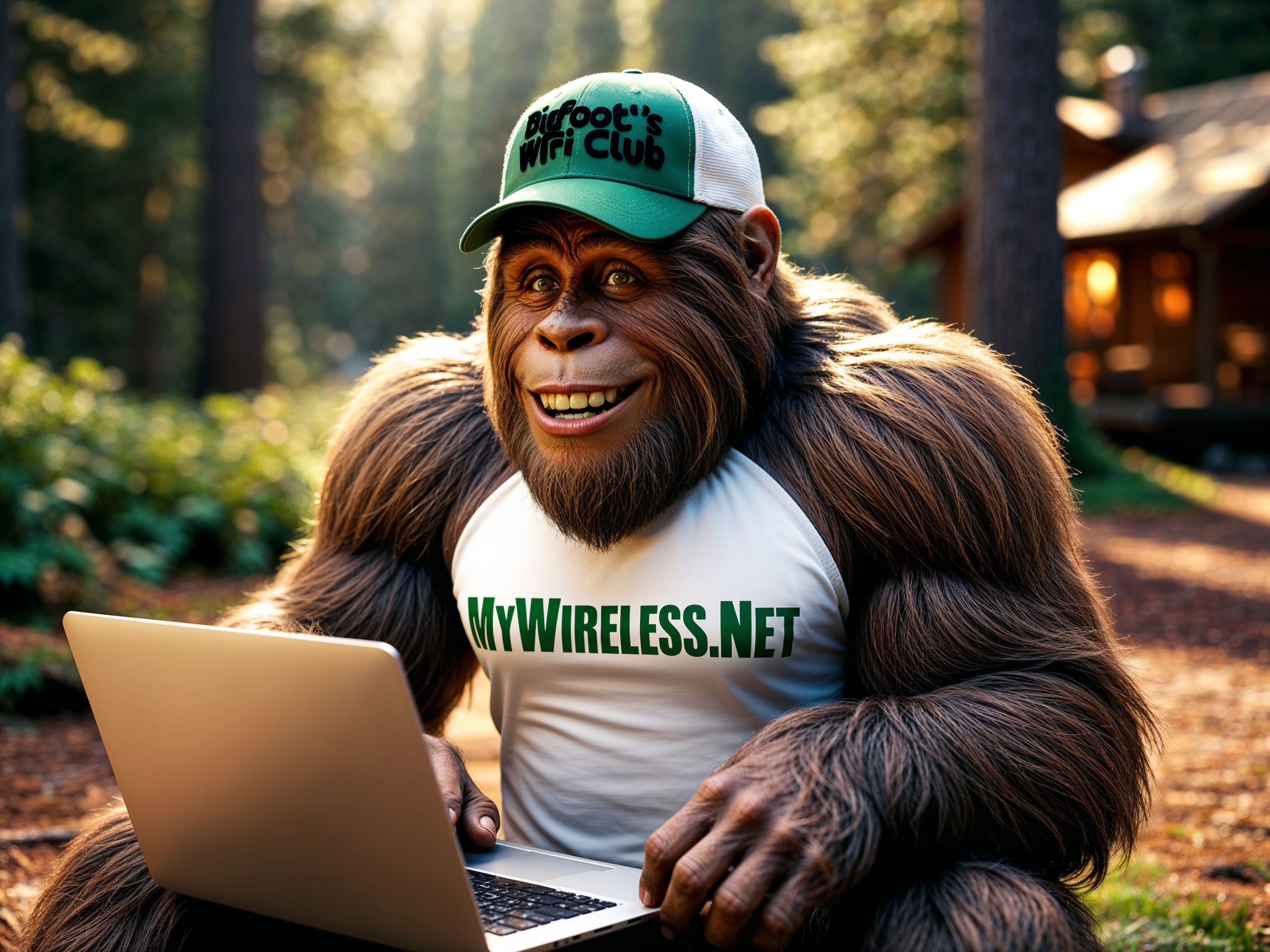 Bigfoot using laptop in forest with MyWireless.net t-shirt and Bigfoot's WiFi Club cap